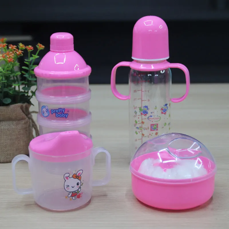 Blue and pink cartoon style plastic baby feeding set with bottle, bowl, bubble box and suction cup.