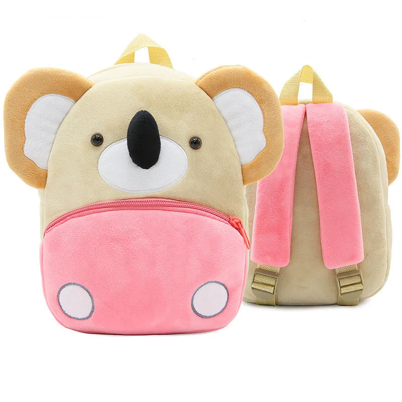 Small cloth animal backpack for children with cartoon design showing dimensions 26.5cm height by 24cm width