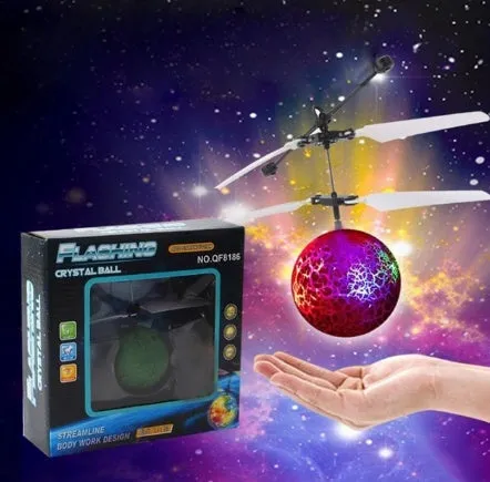 LED Magic Flying Ball with infrared induction, flashing lights, USB charging, plastic construction, available in multiple colours