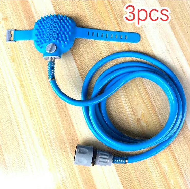 Blue pet washing tool with silicone glove, 2.5m hose, and tap adapters for dog bathing