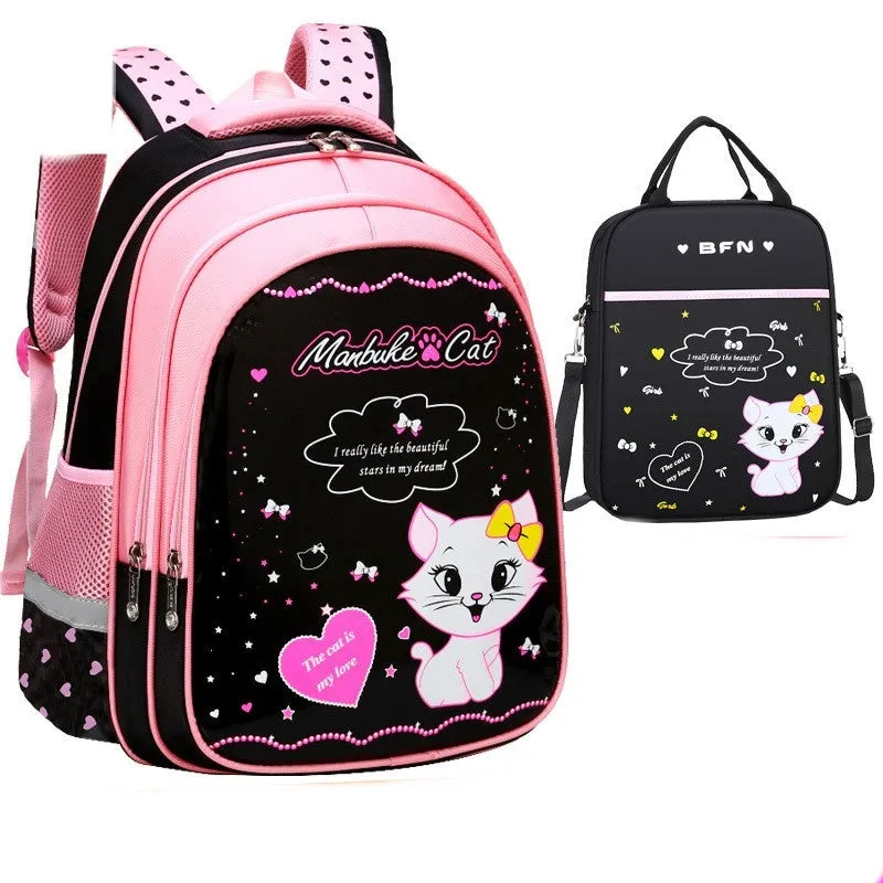 Blue kids school backpack with cute cat print showing front zipper compartment and shoulder straps