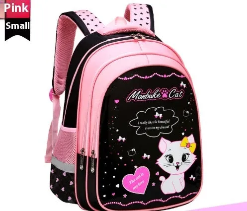 Blue kids school backpack with cute cat print showing front zipper compartment and shoulder straps