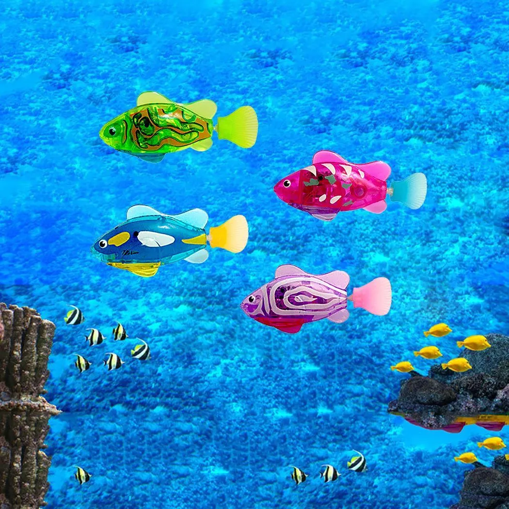 Electronic LED cat toy fish with swimming motion and light-up grass section