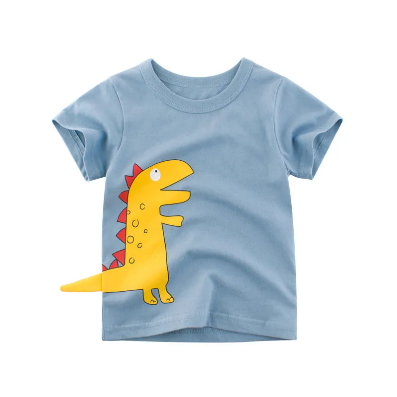 Blue dinosaur kids cotton T-shirt with cartoon patterns for children aged 3-8 years