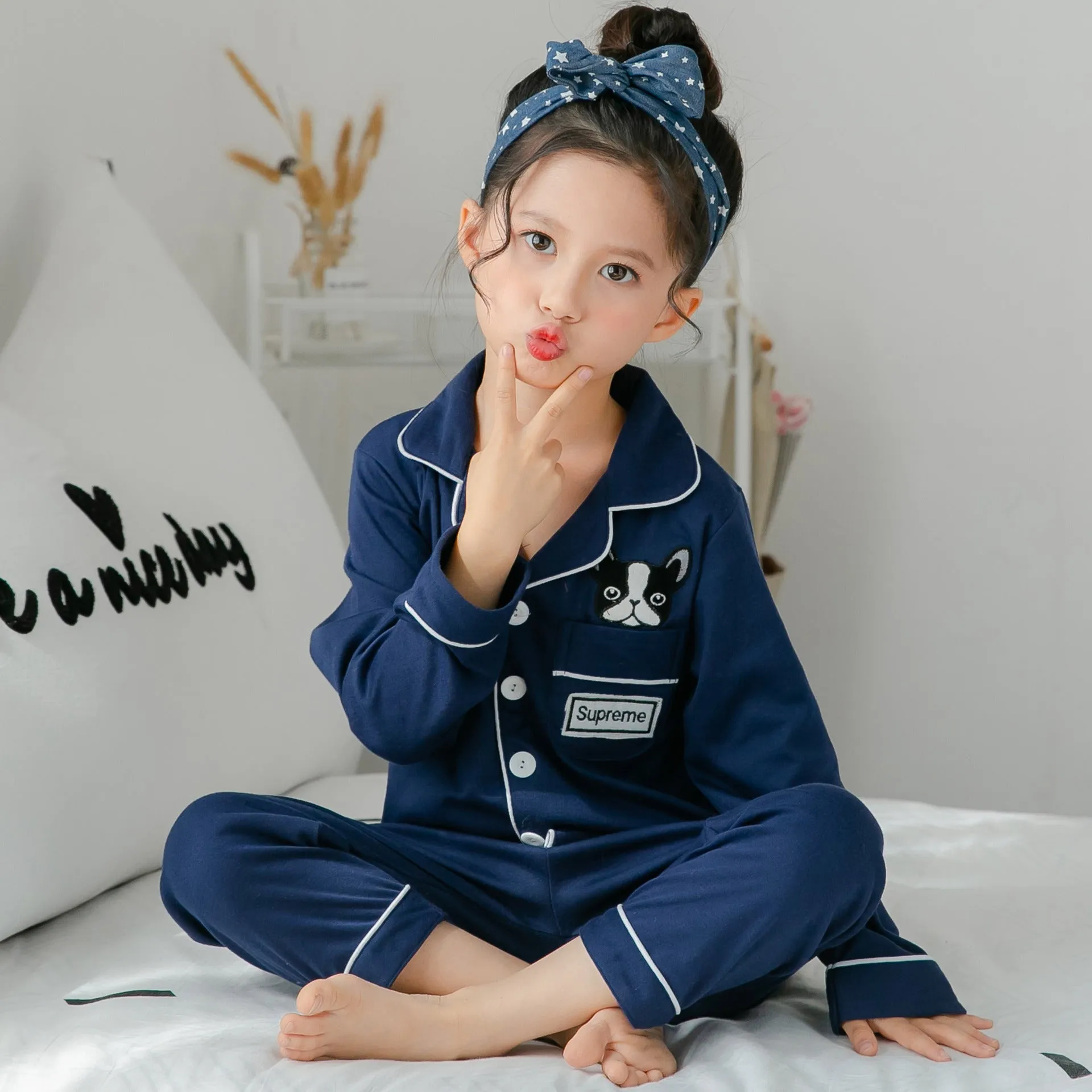 Children's striped cotton fleece pajamas in Asian sizing for boys and girls
