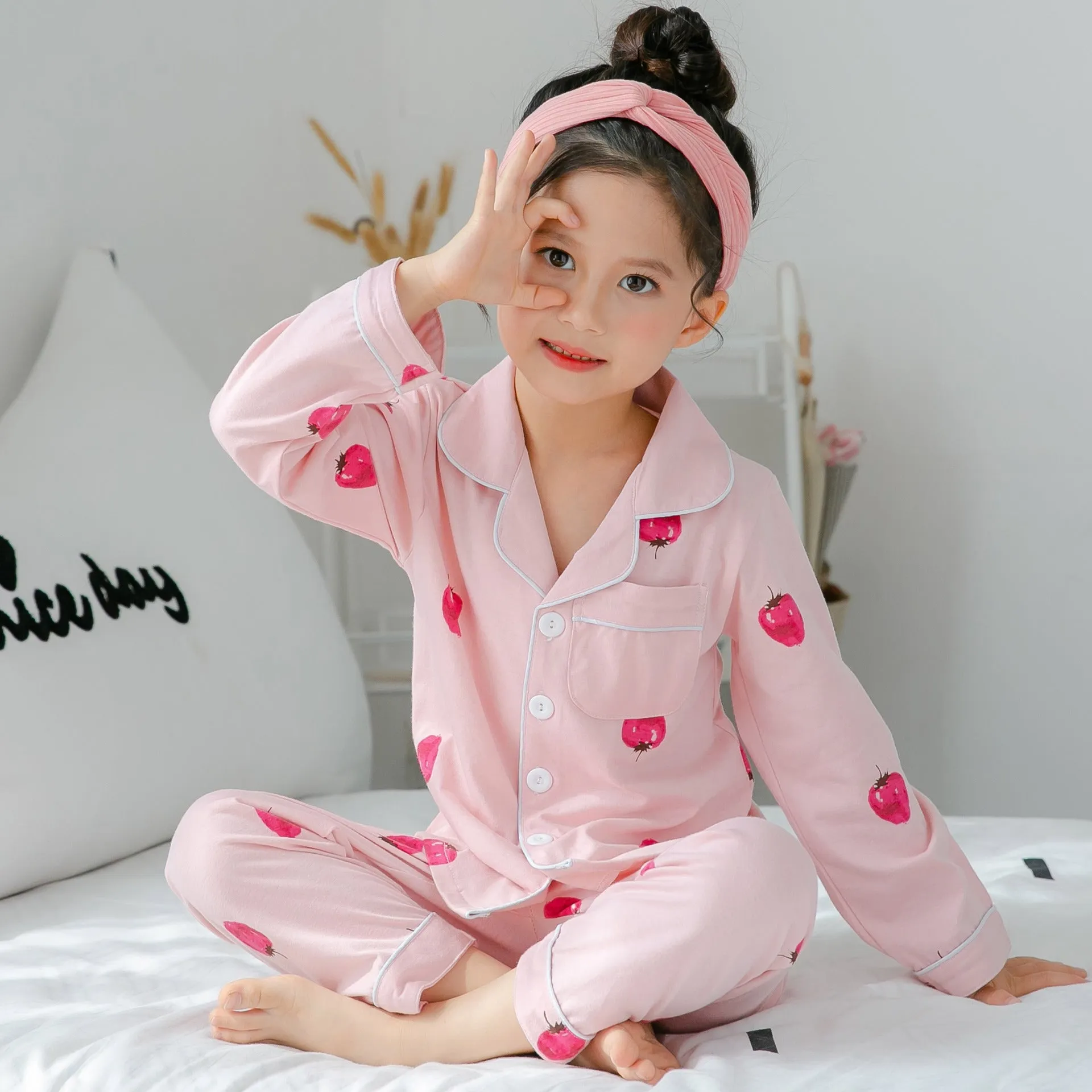 Children's striped cotton fleece pajamas in Asian sizing for boys and girls