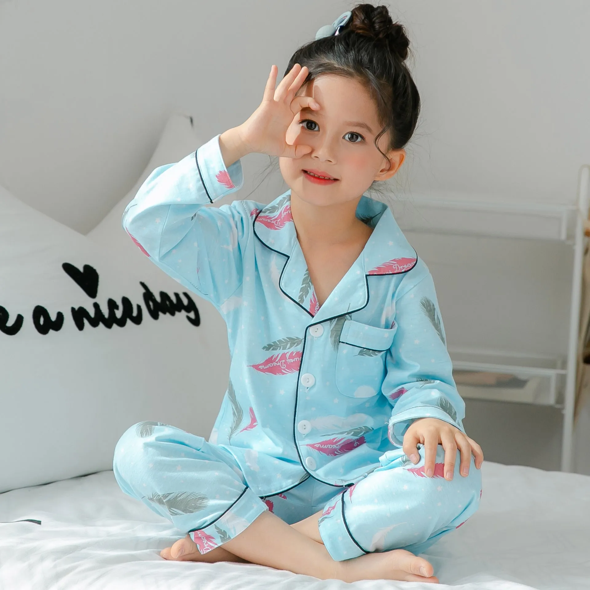 Children's striped cotton fleece pajamas in Asian sizing for boys and girls