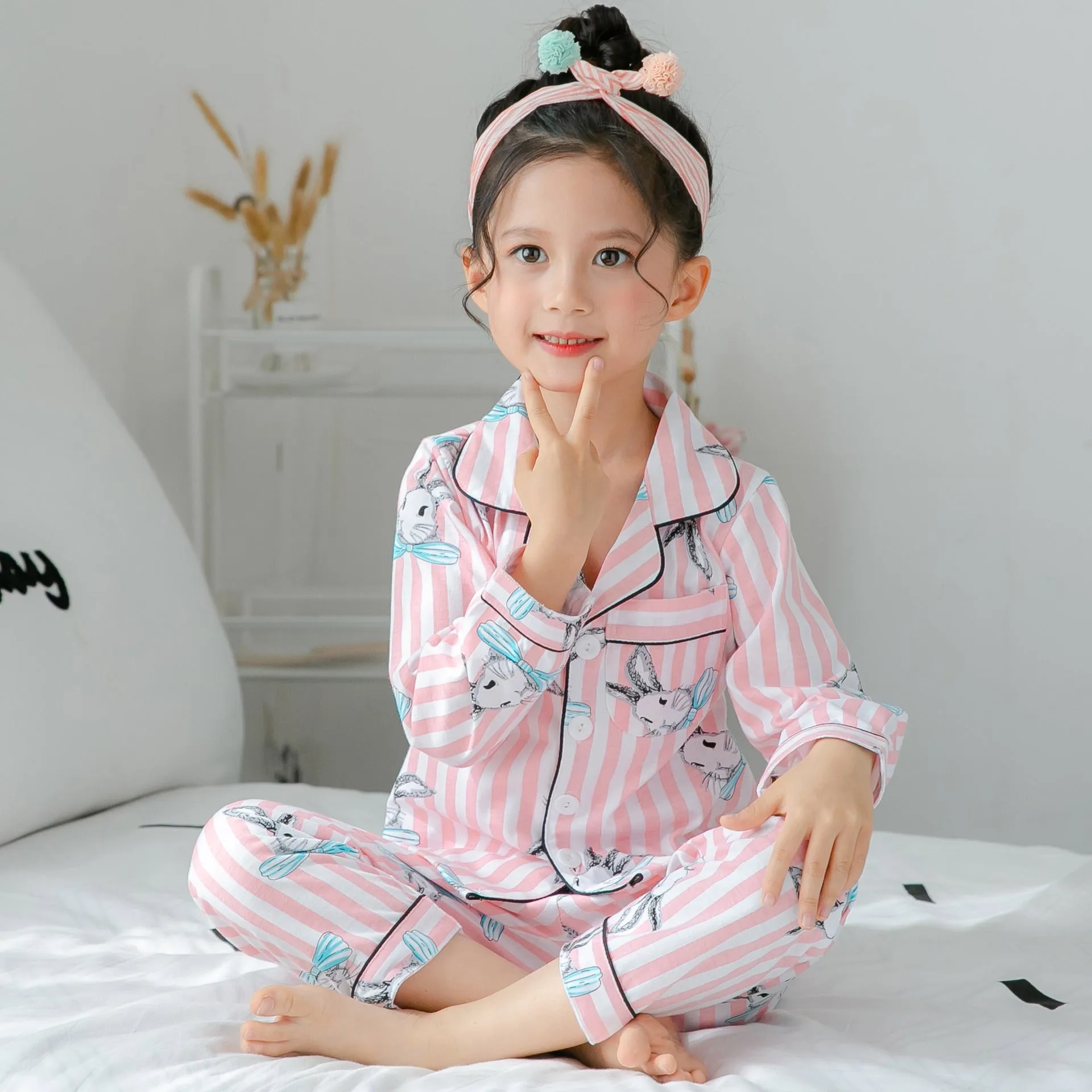 Children's striped cotton fleece pajamas in Asian sizing for boys and girls