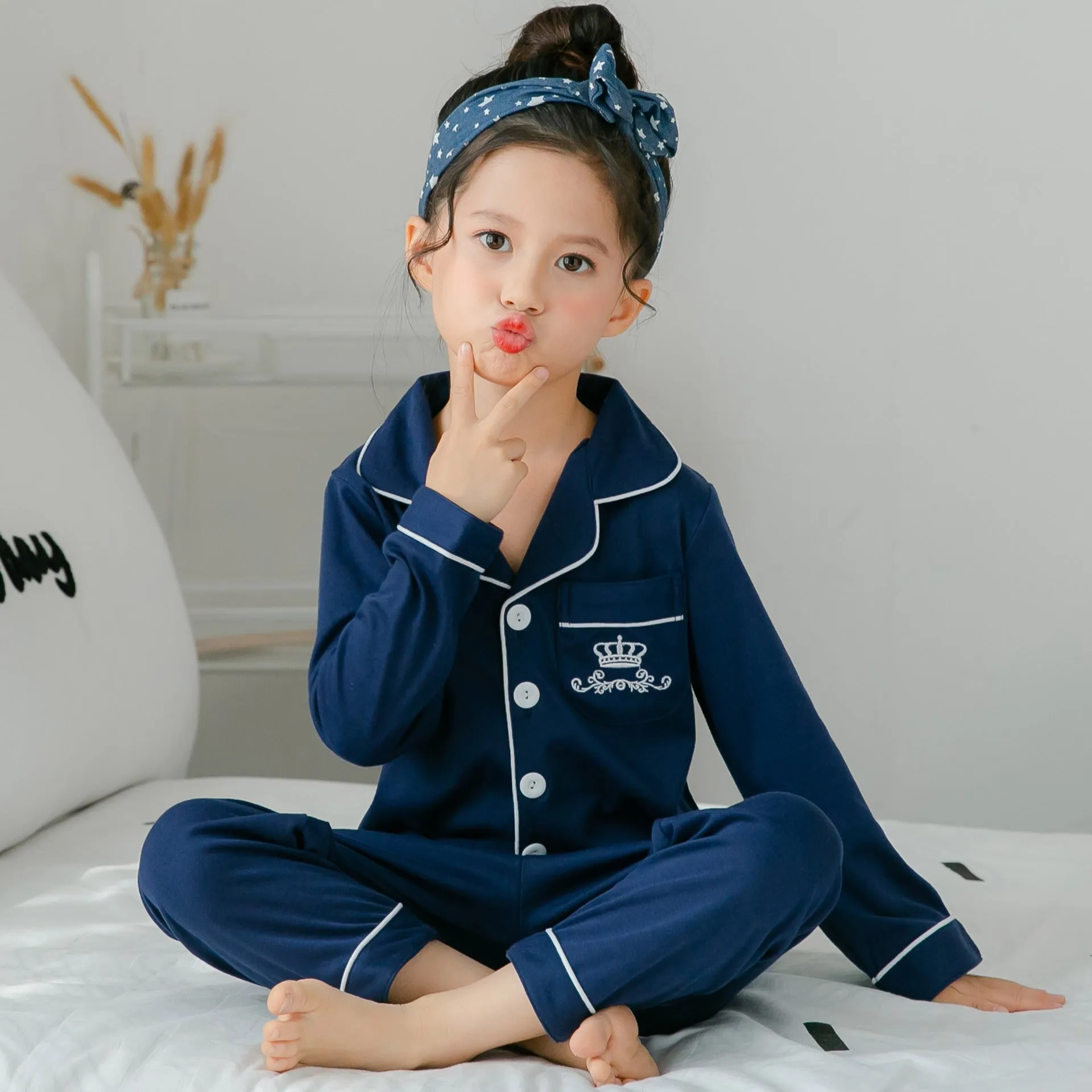 Children's striped cotton fleece pajamas in Asian sizing for boys and girls