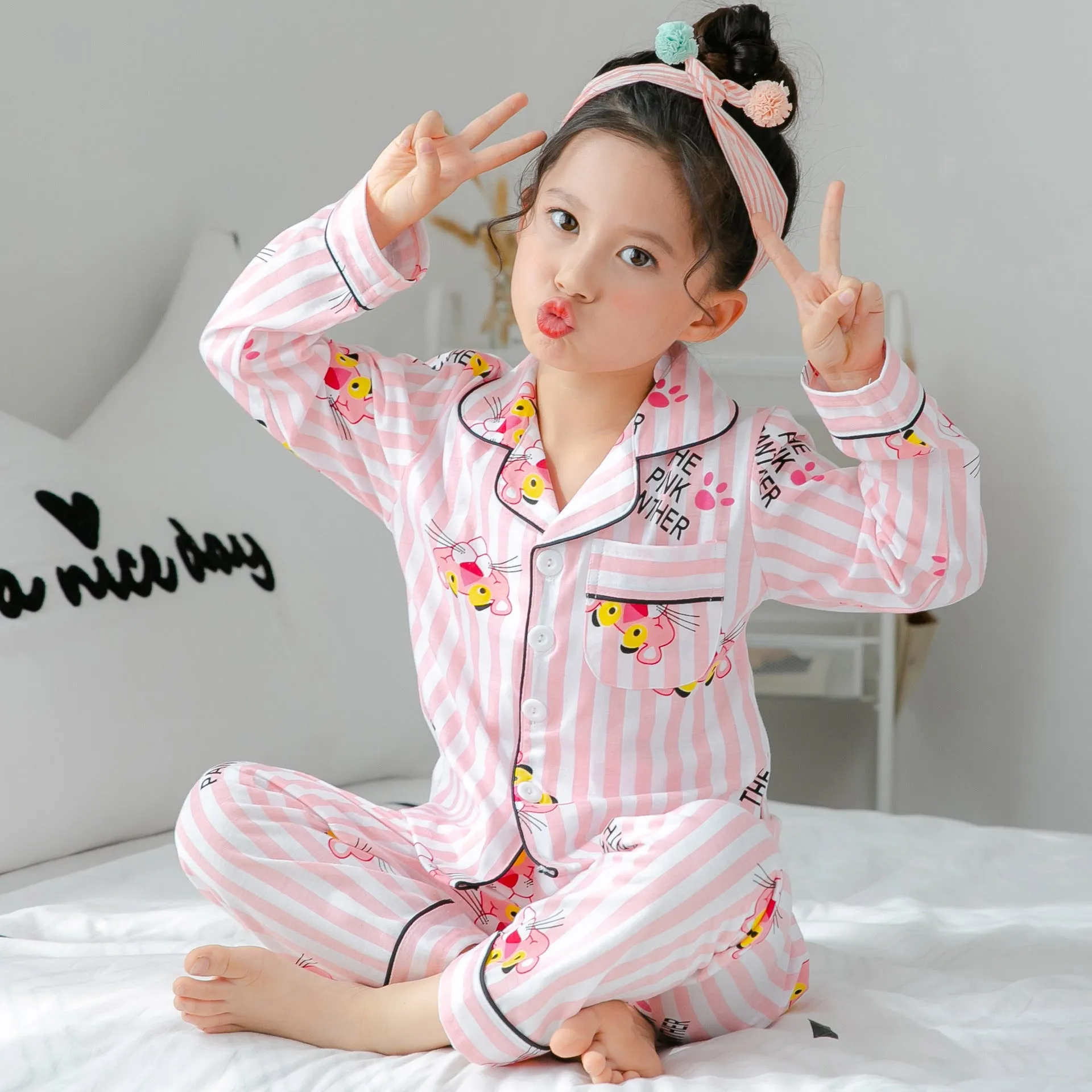 Children's striped cotton fleece pajamas in Asian sizing for boys and girls