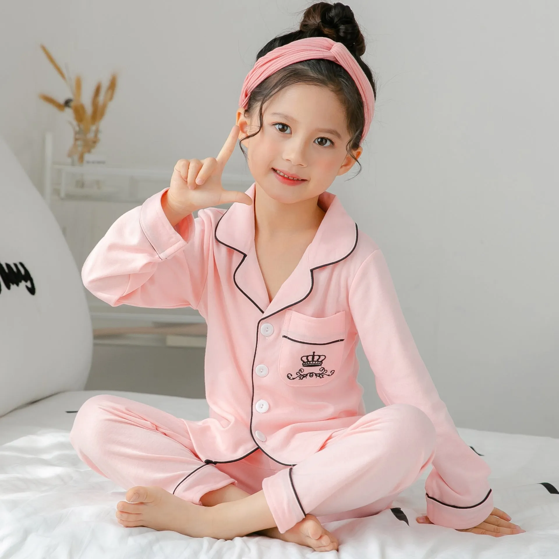 Children's striped cotton fleece pajamas in Asian sizing for boys and girls
