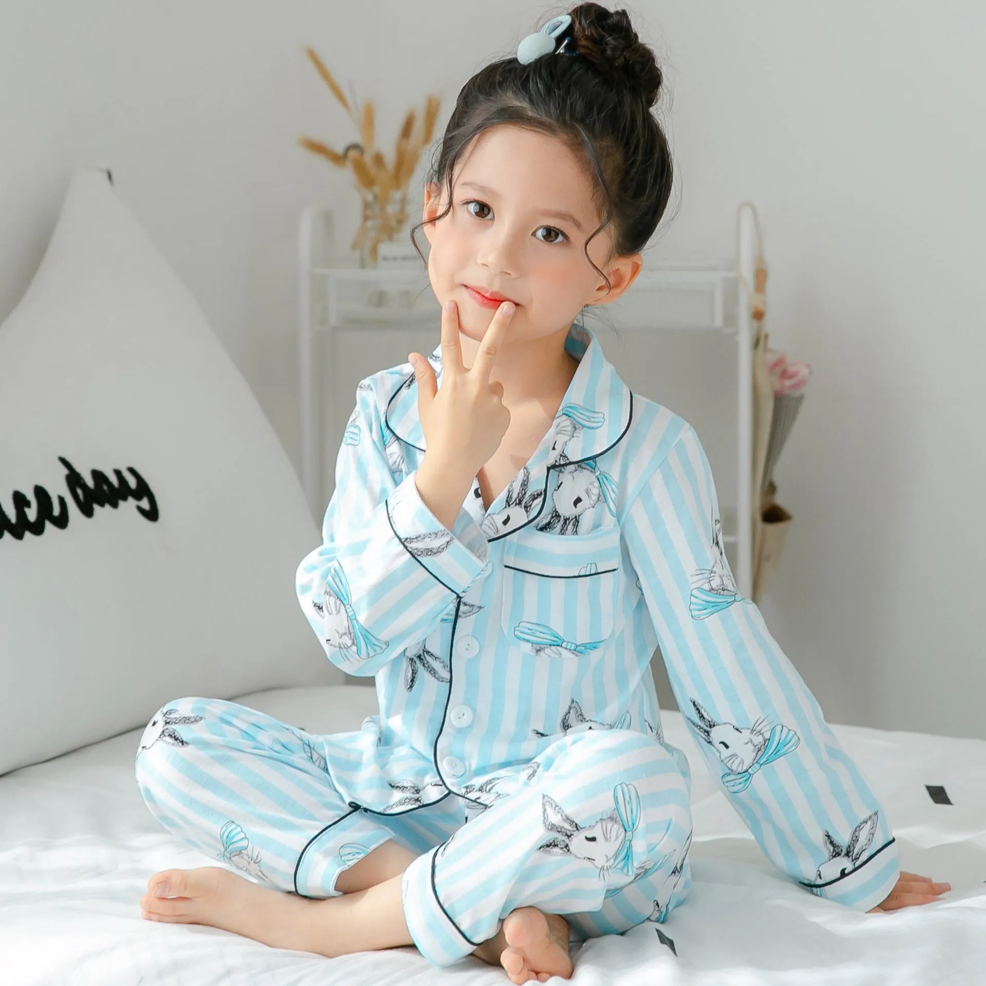 Children's striped cotton fleece pajamas in Asian sizing for boys and girls