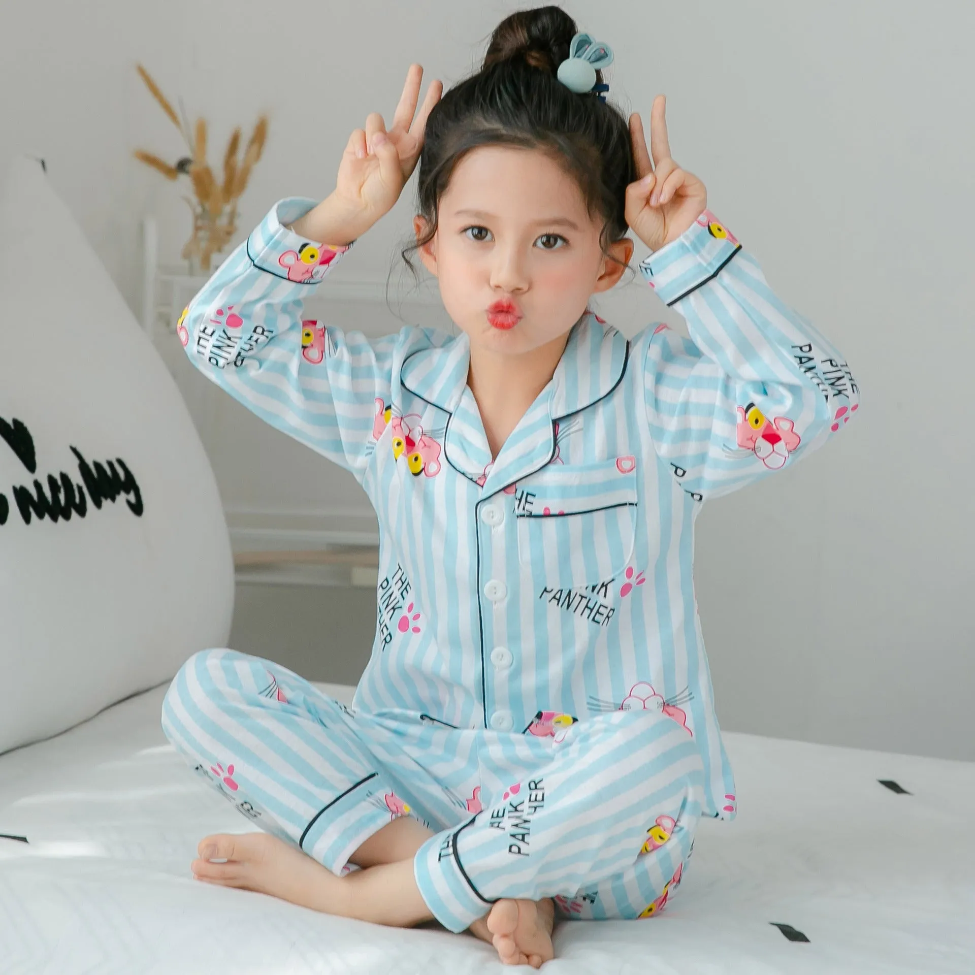 Children's striped cotton fleece pajamas in Asian sizing for boys and girls