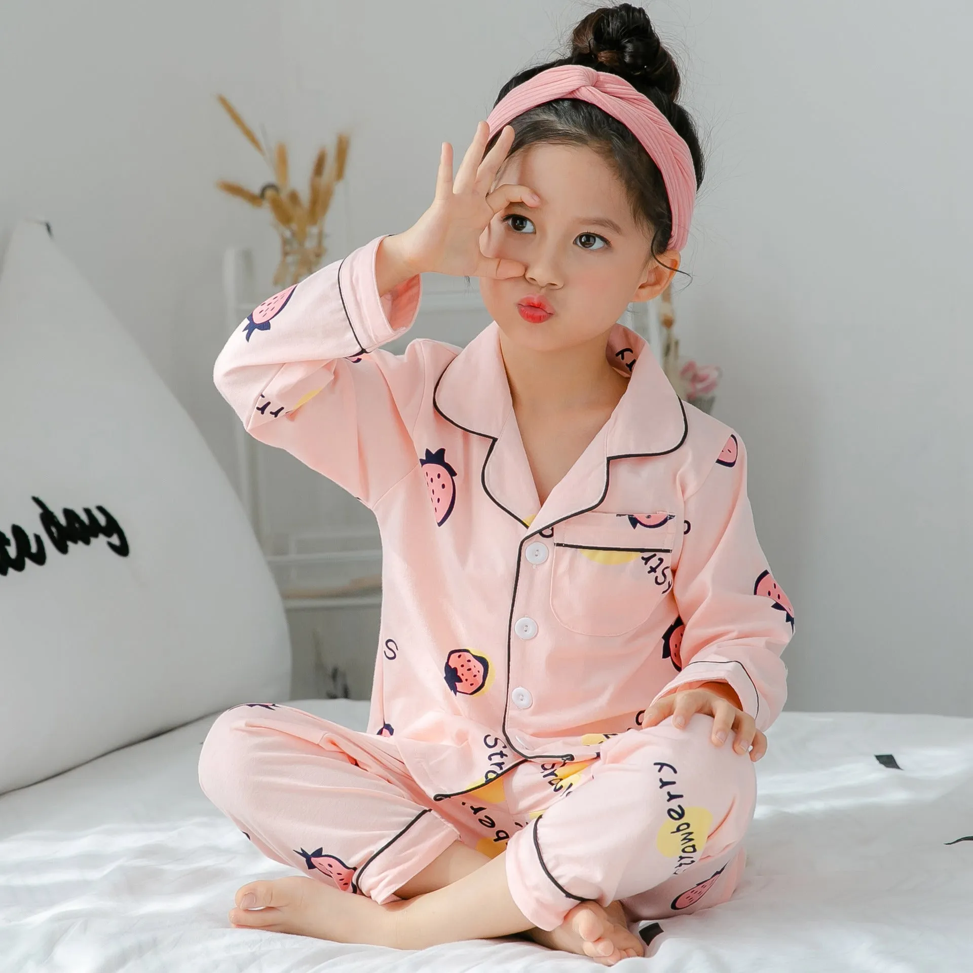 Children's striped cotton fleece pajamas in Asian sizing for boys and girls