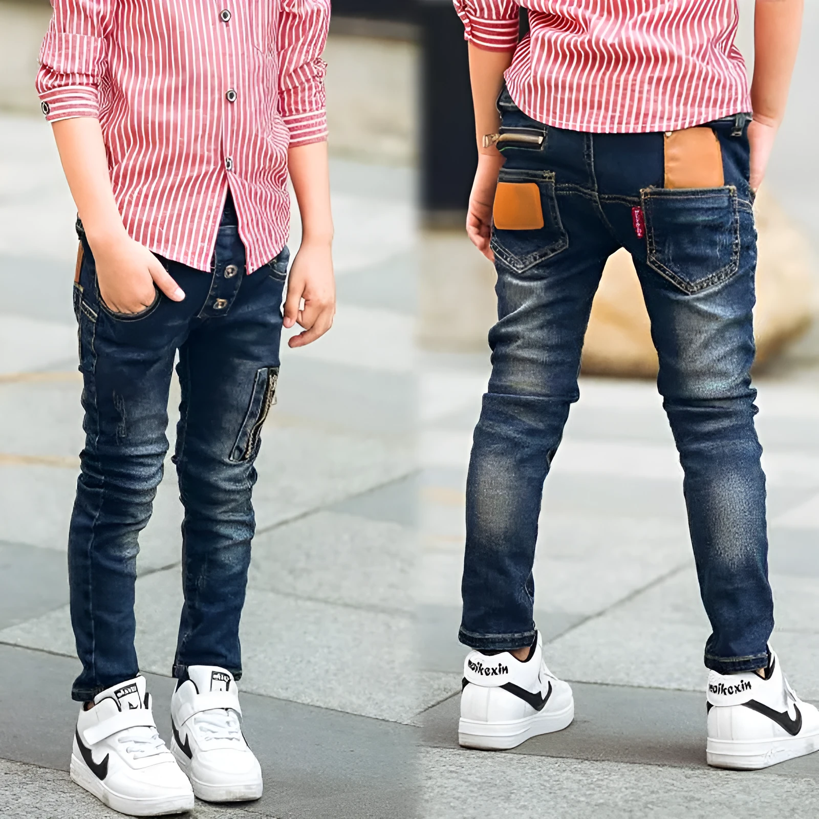 Boys stretch denim pants in denim blue with zipper pocket, soft cotton fabric