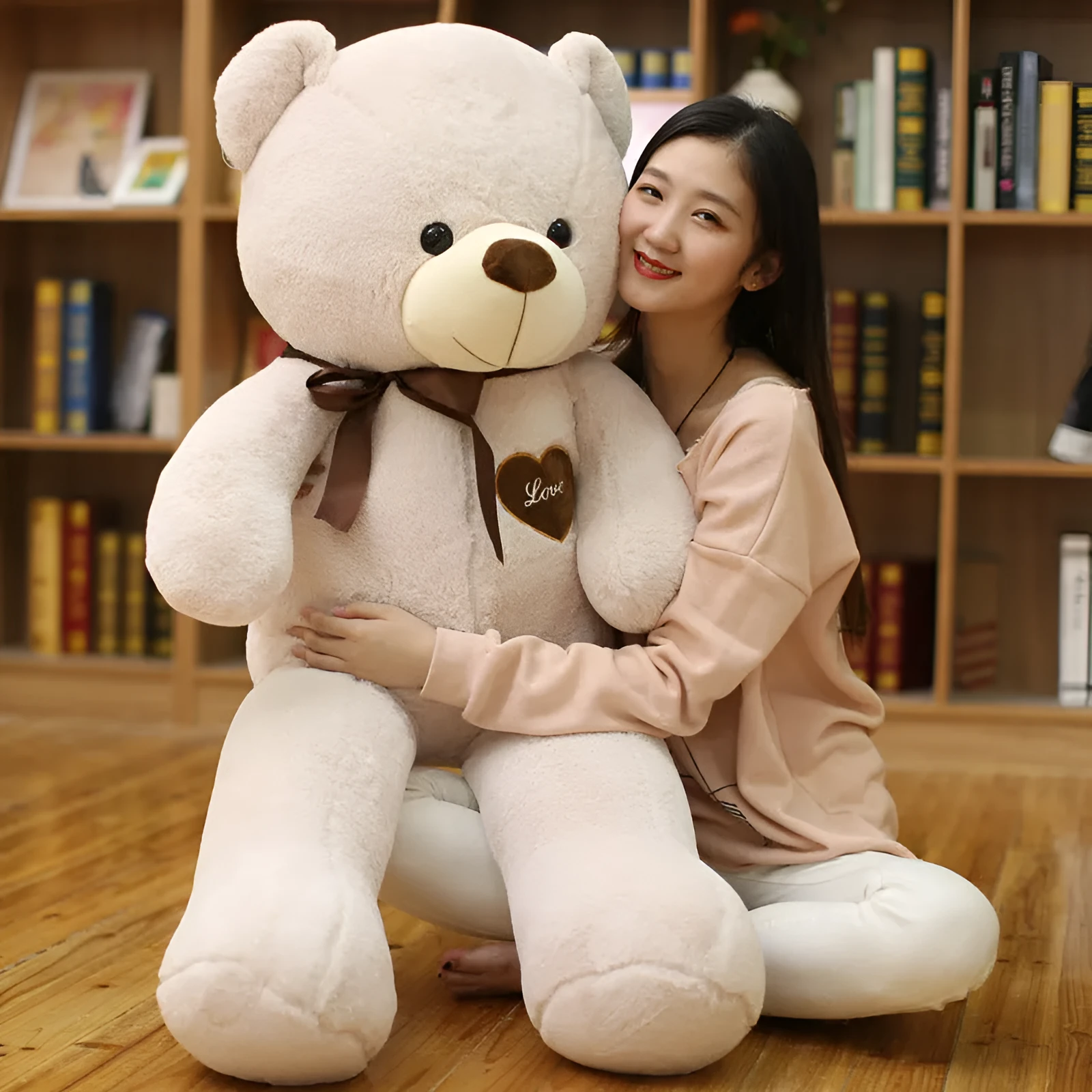 Plush teddy bear ragdoll in light brown with ribbon, 100cm height