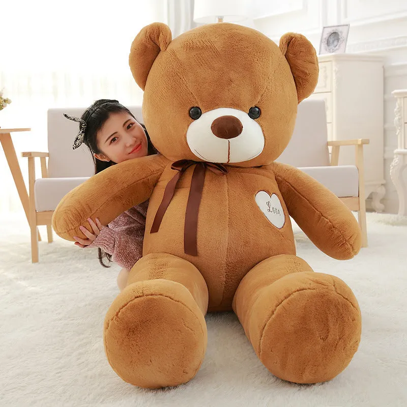 Plush teddy bear ragdoll in light brown with ribbon, 100cm height