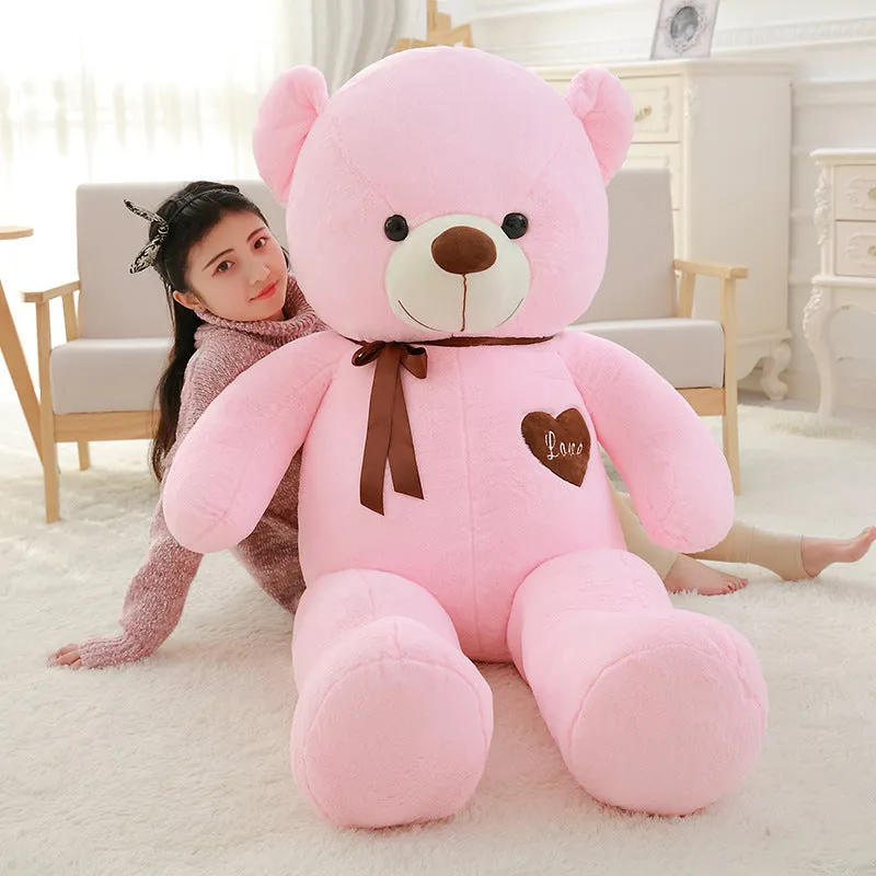 Plush teddy bear ragdoll in light brown with ribbon, 100cm height