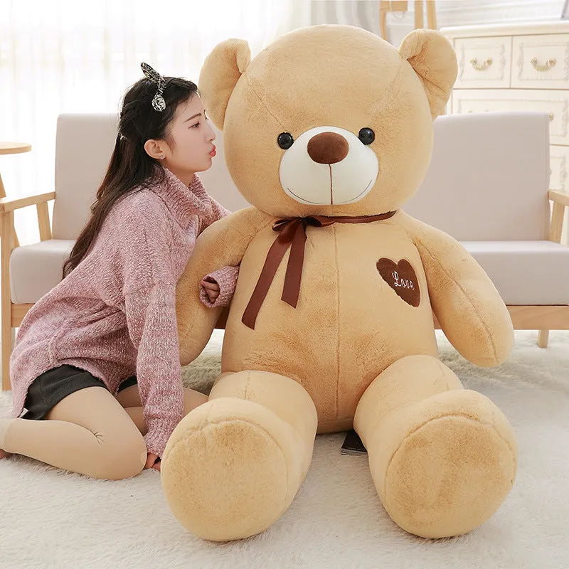 Plush teddy bear ragdoll in light brown with ribbon, 100cm height