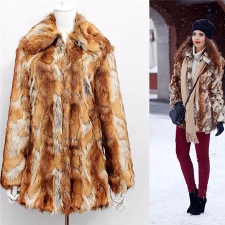 Women's slim-fit faux fur jacket with a full tiger pattern print, showing long sleeves and a medium length.