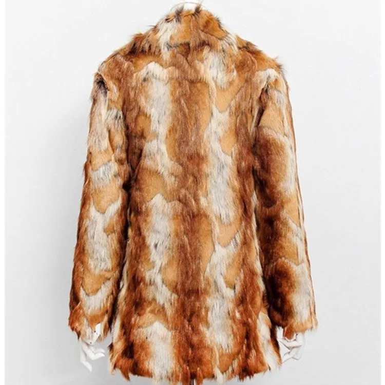 Women's slim-fit faux fur jacket with a full tiger pattern print, showing long sleeves and a medium length.