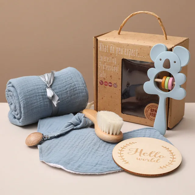Bopoobo baby bath toy set with animal-themed floating toys and swaddle wrap
