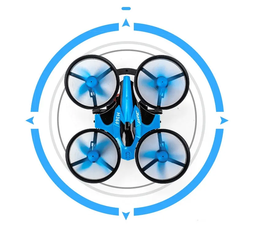 JJRC H36F Terzetto 3-in-1 RC toy shown transforming between drone, car, and boat modes with 2.4GHz remote.