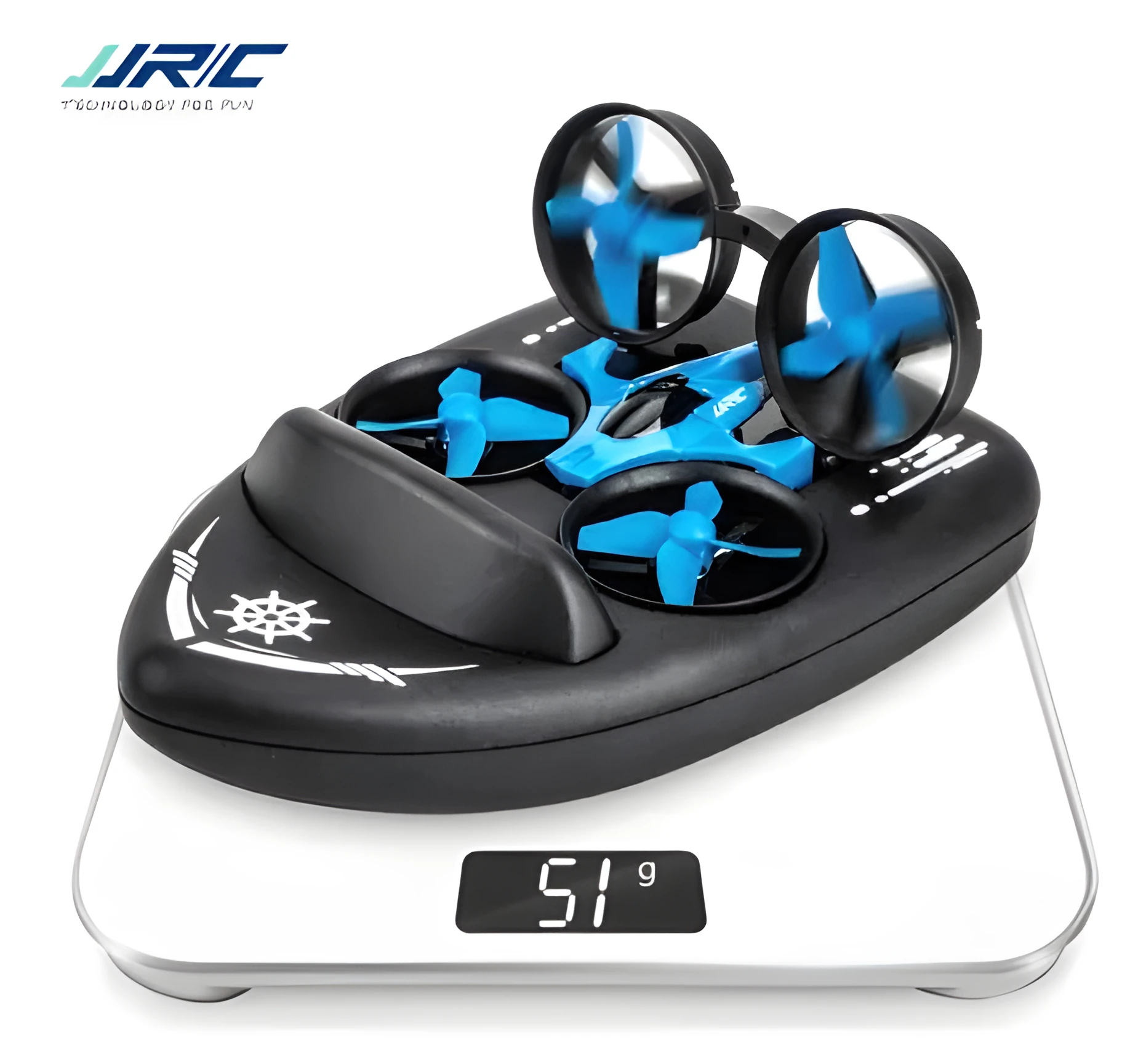 JJRC H36F Terzetto 3-in-1 RC toy shown transforming between drone, car, and boat modes with 2.4GHz remote.