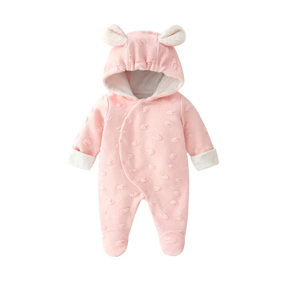 Long-sleeve baby princess romper with buckle closure in soft pink cotton blend fabric