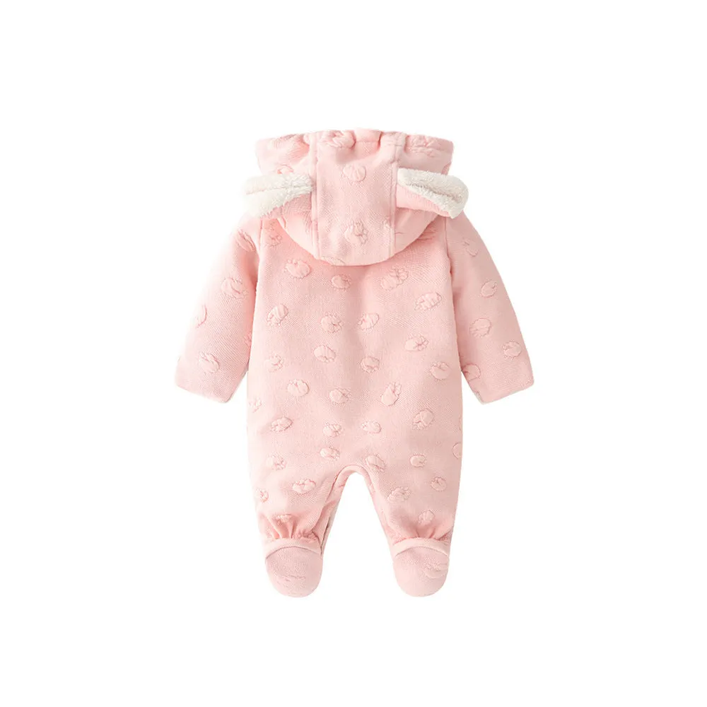 Long-sleeve baby princess romper with buckle closure in soft pink cotton blend fabric