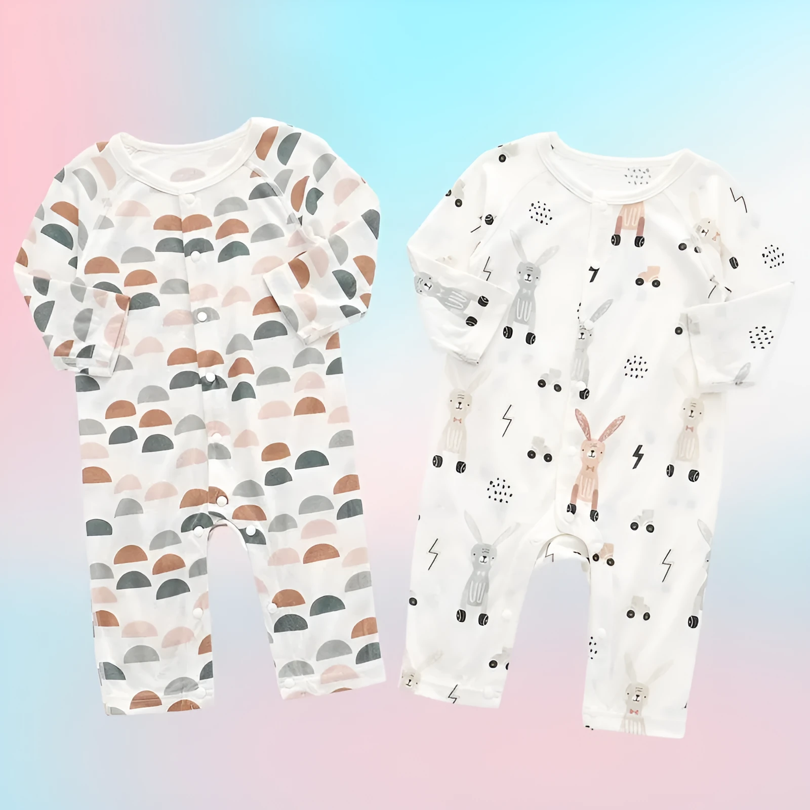 Baby wearing a soft bamboo fibre jumpsuit with a cute Nordic animal print, long sleeves.