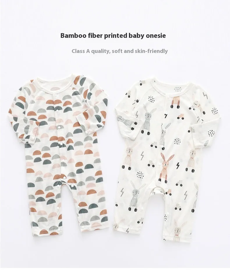 Baby wearing a soft bamboo fibre jumpsuit with a cute Nordic animal print, long sleeves.