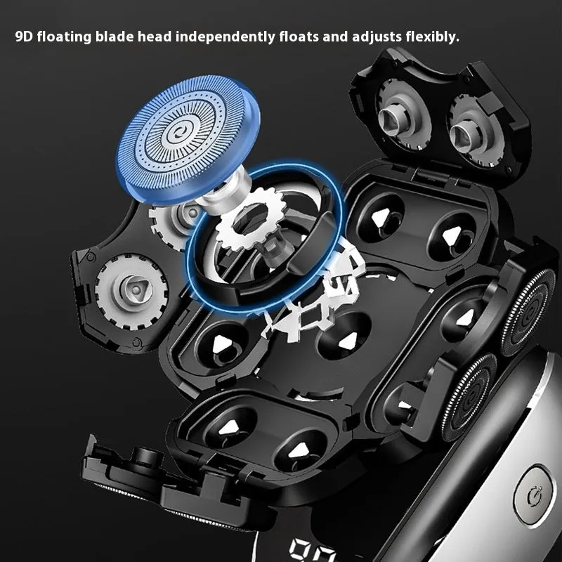 Black rechargeable hair clipper and shaver set with six attachments including trimming combs on a white background.