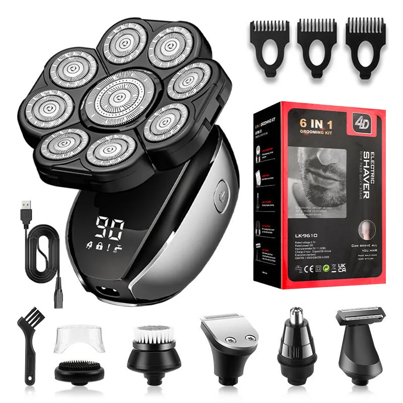 Black rechargeable hair clipper and shaver set with six attachments including trimming combs on a white background.
