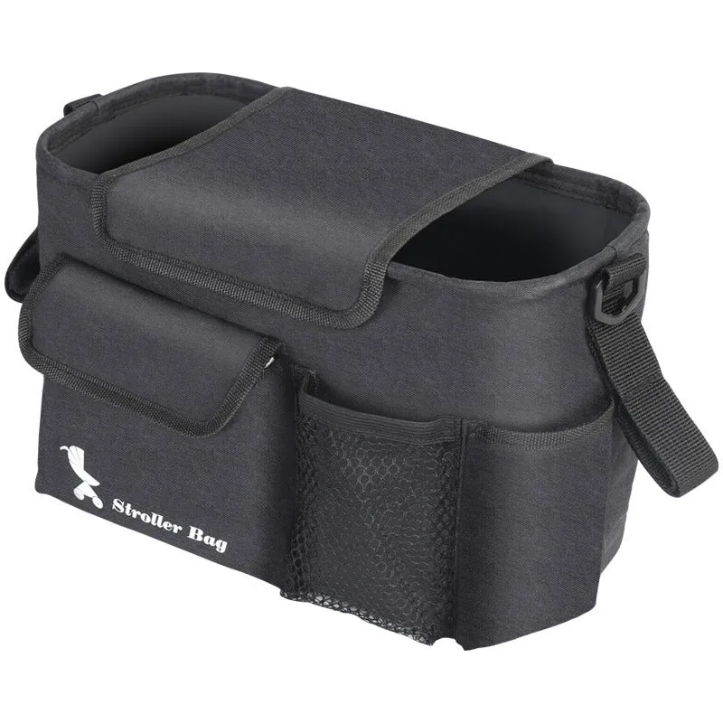 Black baby carriage bag made from 300D snowflake fabric, showing its structured shape and size.