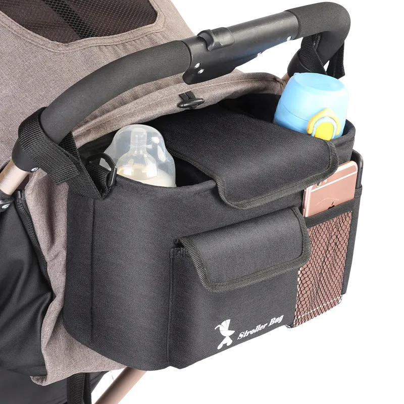 Black baby carriage bag made from 300D snowflake fabric, showing its structured shape and size.