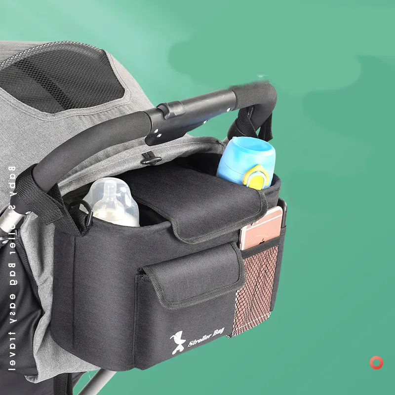 Black baby carriage bag made from 300D snowflake fabric, showing its structured shape and size.