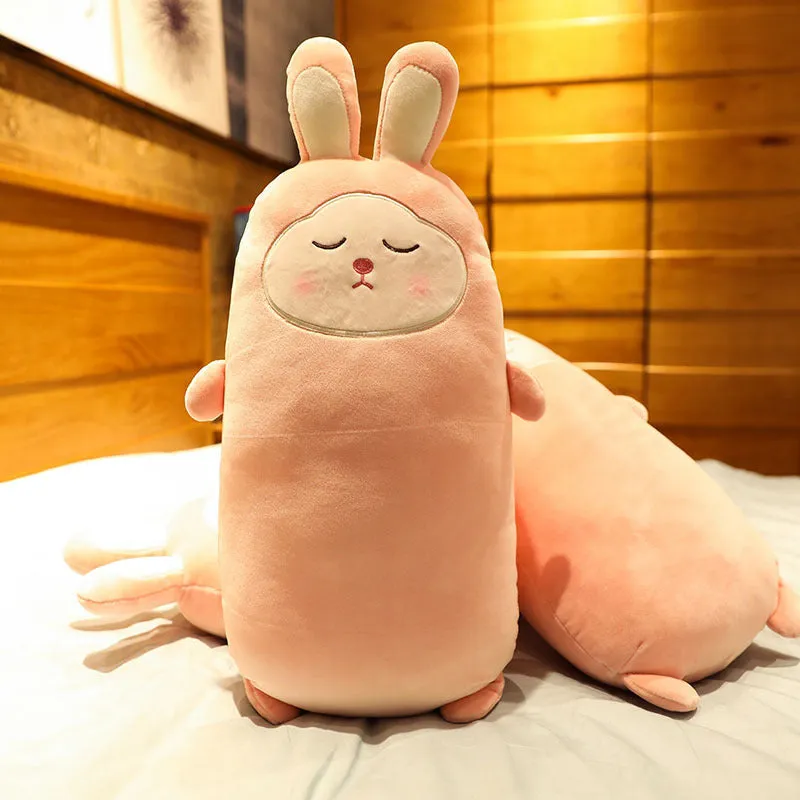 Cherry blossom pink plush rabbit doll with a soft fabric body, shown in 55cm, 75cm and 100cm sizes.