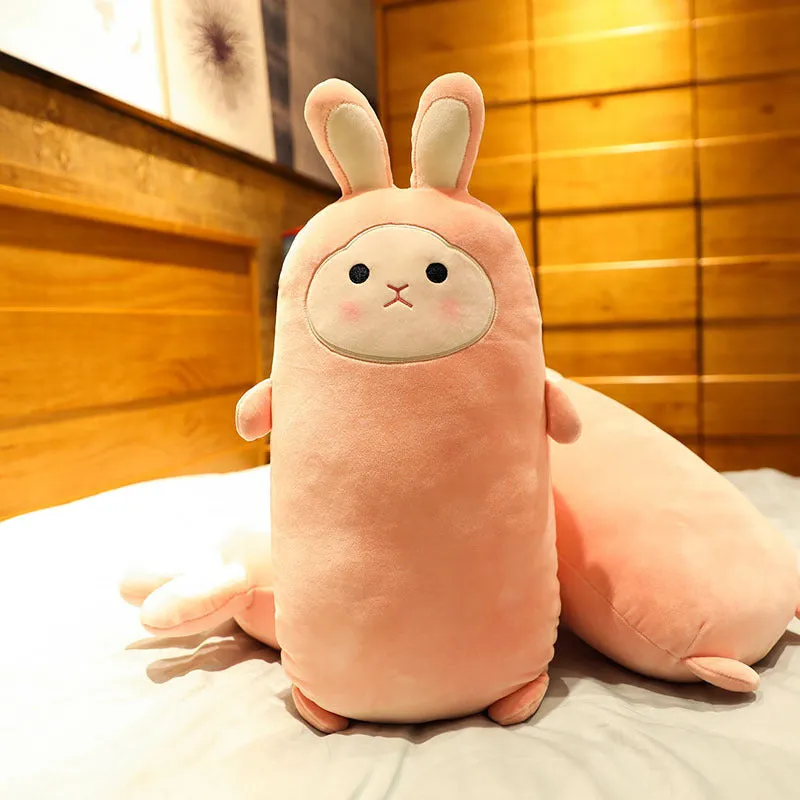 Cherry blossom pink plush rabbit doll with a soft fabric body, shown in 55cm, 75cm and 100cm sizes.