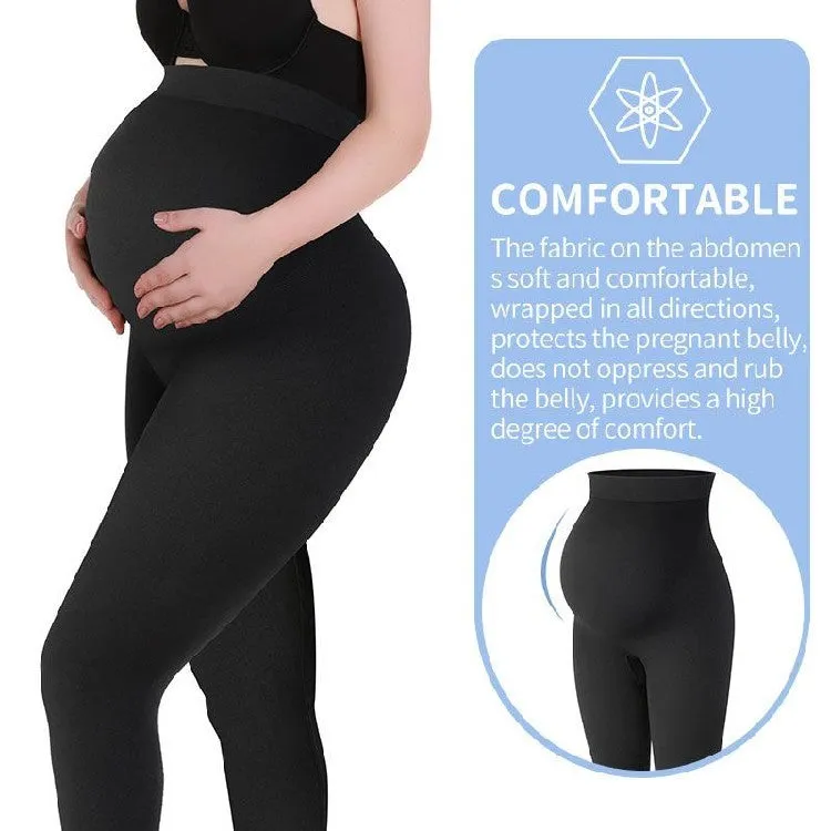 Black cotton maternity leggings with high waistband, shown on a hanger.