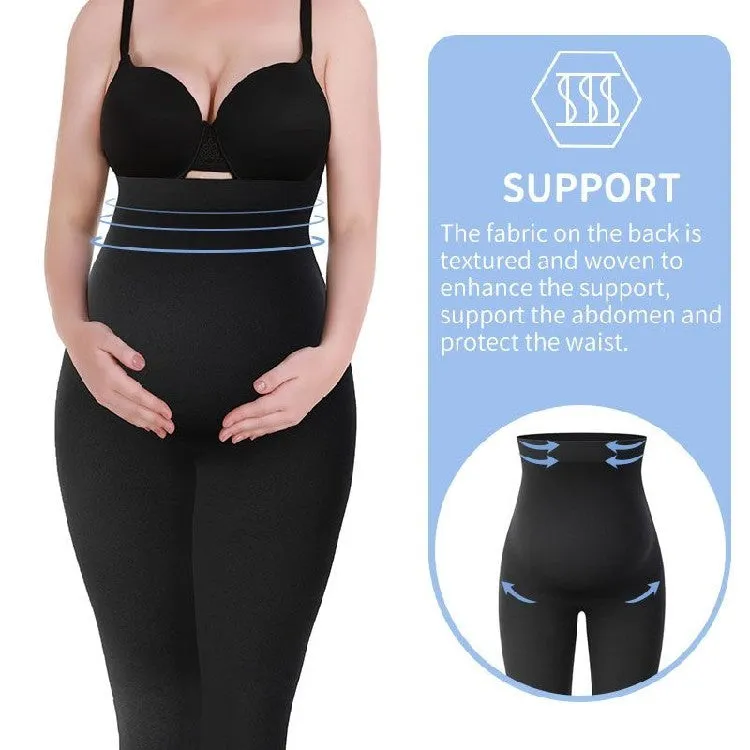 Black cotton maternity leggings with high waistband, shown on a hanger.