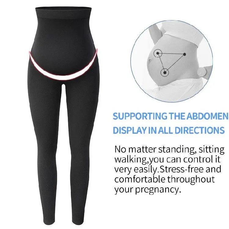 Black cotton maternity leggings with high waistband, shown on a hanger.