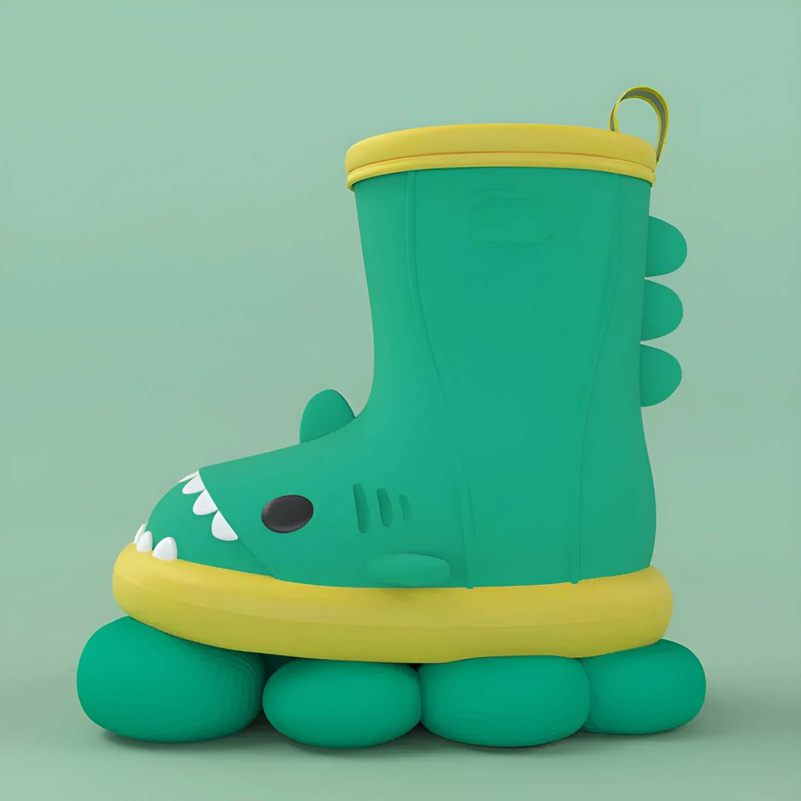 Shark and dinosaur design children's rain boots in green, available in multiple colours and sizes.