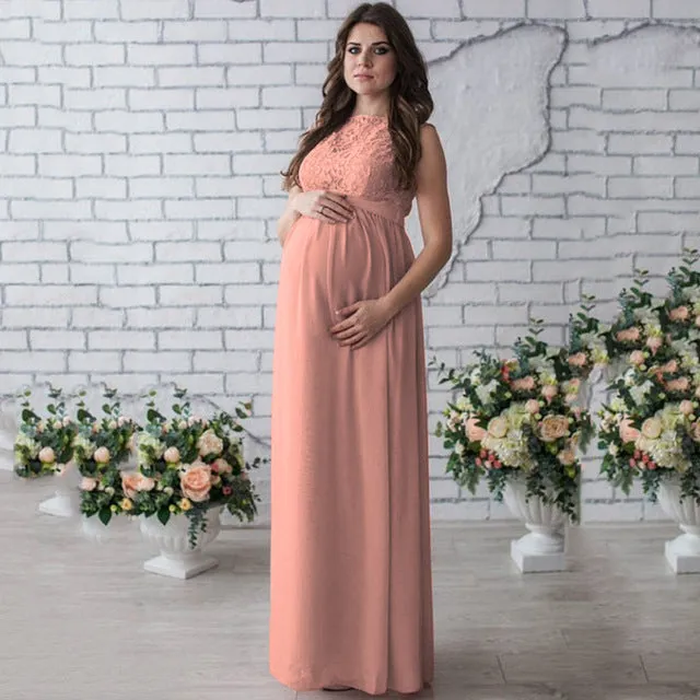 Lace sleeveless maternity dress with stretch waist in white – polyester fabric baby shower dress