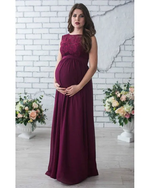 Lace sleeveless maternity dress with stretch waist in white – polyester fabric baby shower dress