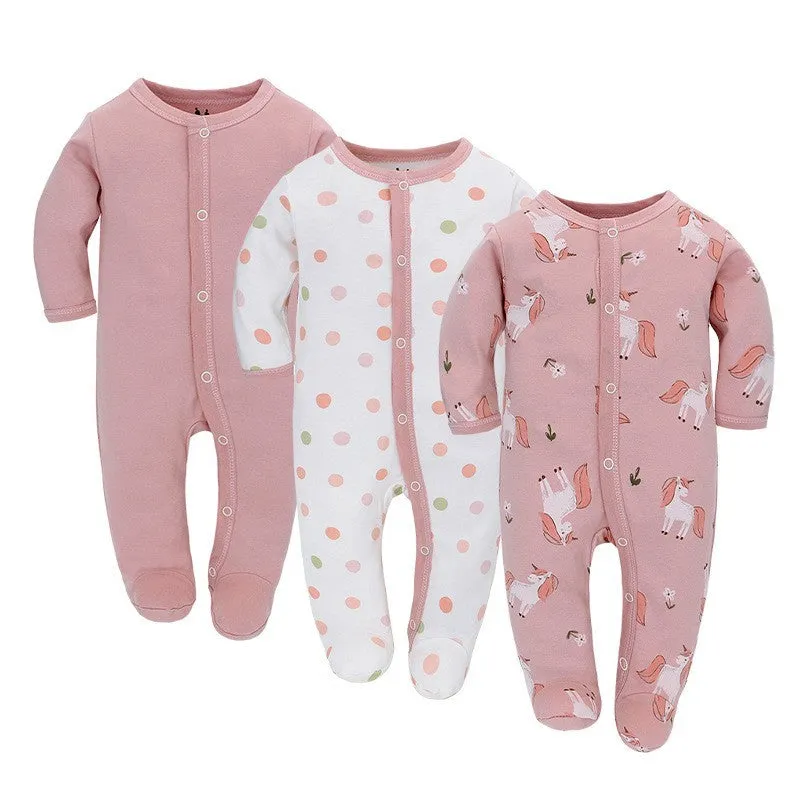 Set of three pure cotton baby jumpsuit rompers with long sleeves and concealed hook closures in animal print designs