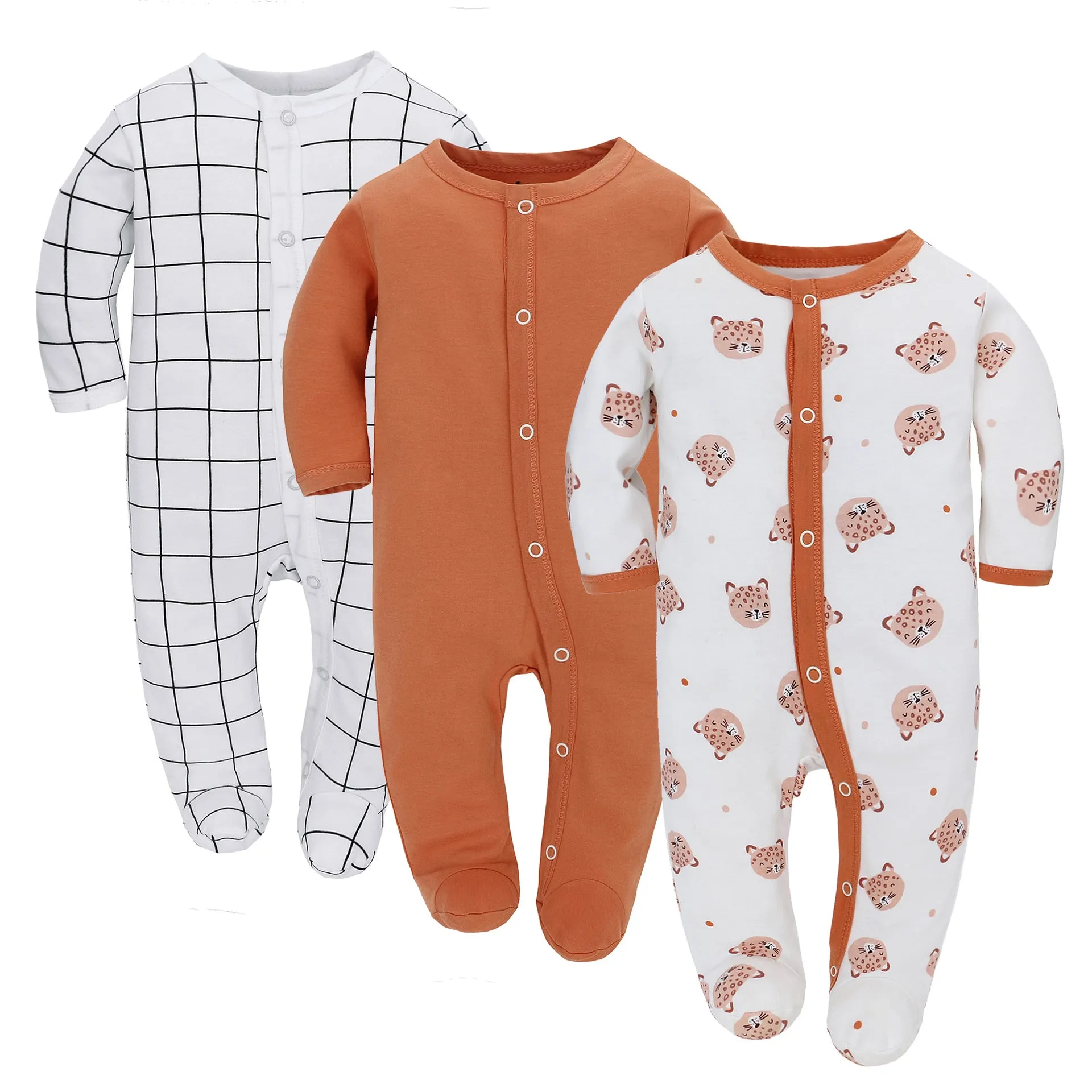 Set of three pure cotton baby jumpsuit rompers with long sleeves and concealed hook closures in animal print designs