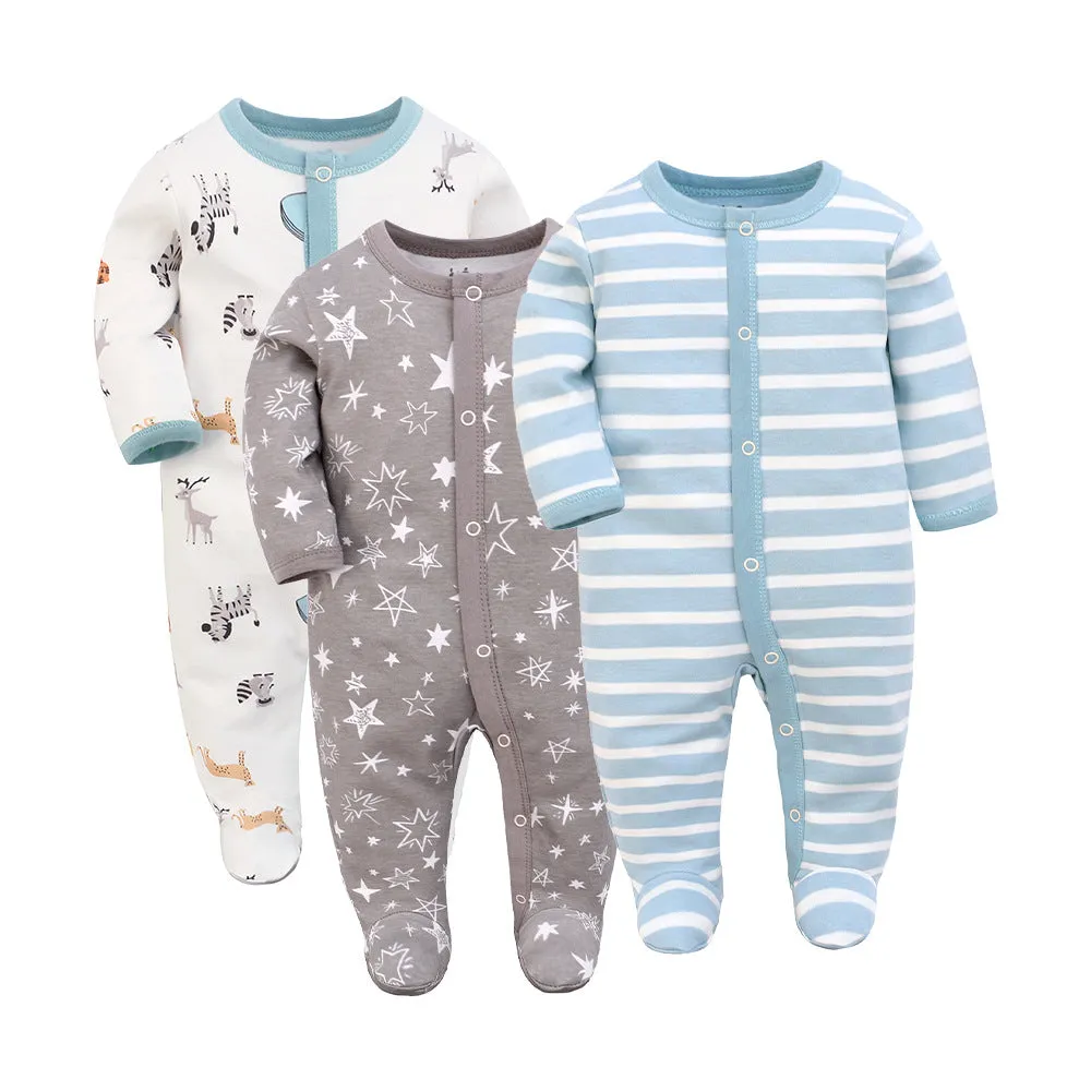 Set of three pure cotton baby jumpsuit rompers with long sleeves and concealed hook closures in animal print designs
