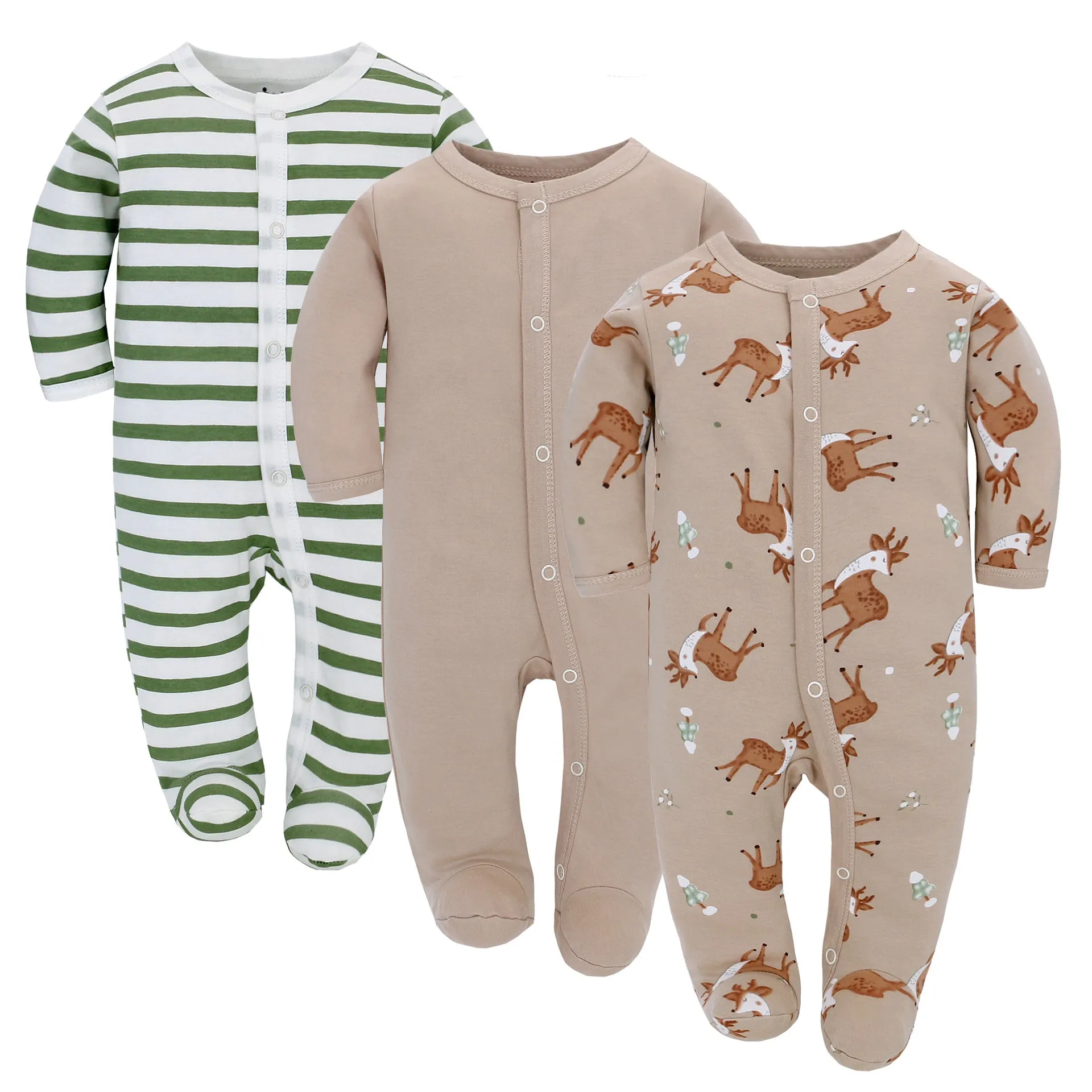 Set of three pure cotton baby jumpsuit rompers with long sleeves and concealed hook closures in animal print designs