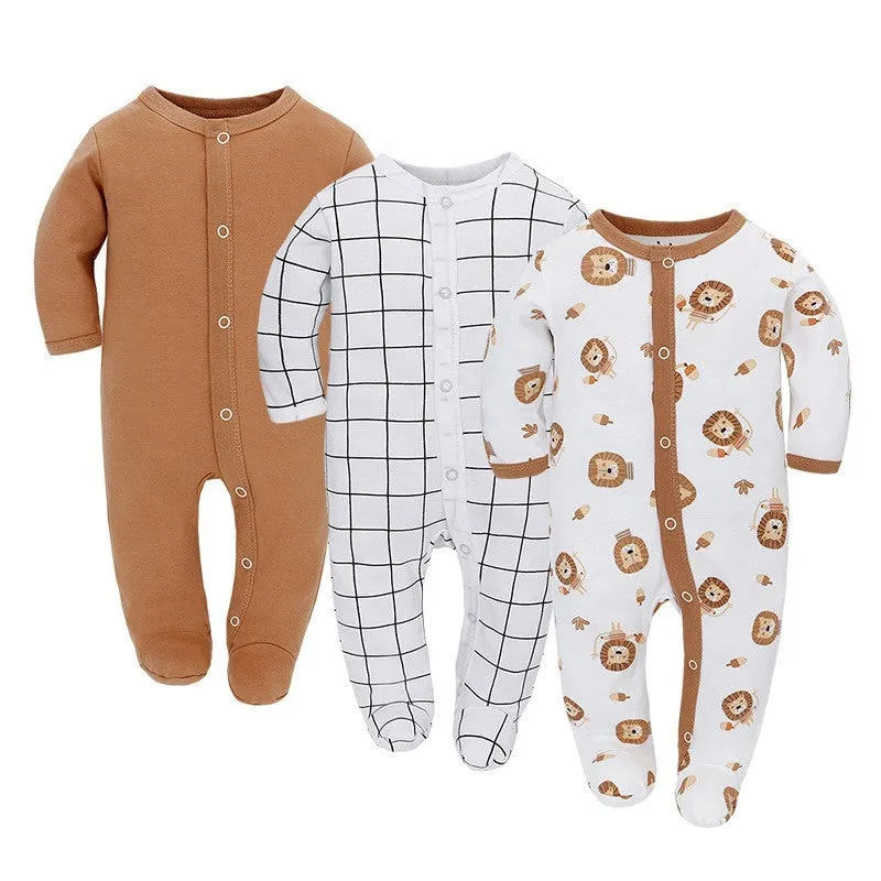Set of three pure cotton baby jumpsuit rompers with long sleeves and concealed hook closures in animal print designs
